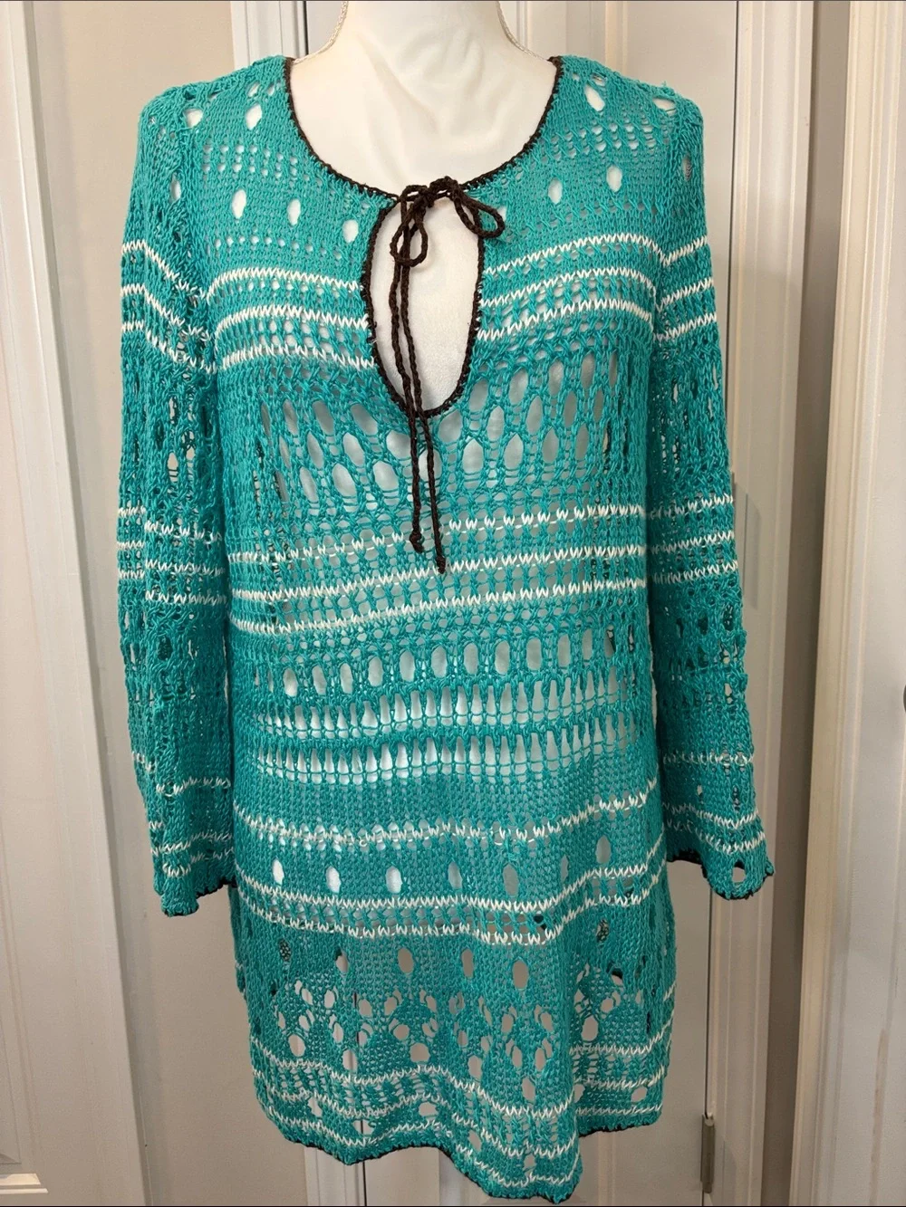 Tommy Bahama Teal Crochet Tie-Neck  Swim Coverup with White Stripes. Linen  XL